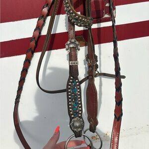 Turquoise & Silver Leather Horse Bridle